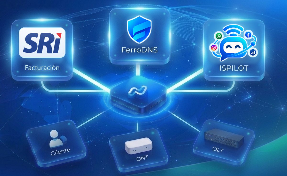 Red de Network Control: facturación SRI, FerroDNS, ISPilot, Cliente, ONT y OLT conectados a un servidor central
